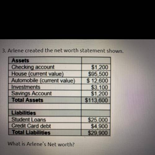 PLEASE HELP ITS A TEST QUESTION Arlene created the net worth statement shown. What is Arlene's