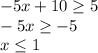 -5x + 10 \geq 5\\-5x \geq -5\\x \leq 1