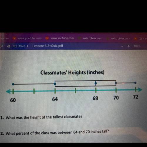 1. What was the height of the tallest classmate?

2. What percent of the class was between 64 and