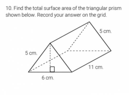 Find the total surface area of the triangular prism shown below. Record your answer on the grid.