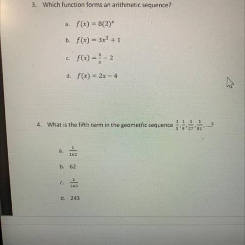 Plz Help!

Which function forms an arithmetic sequence?
a. f(x) = 8(2)*
b. f(x) = 3x^3 + 1
c.f(x)