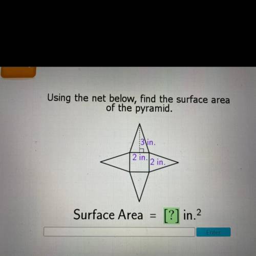 Using the net below, find the surface area

of the pyramid.
3\in.
2 in.
2 in.
Surface Area =
[?] i