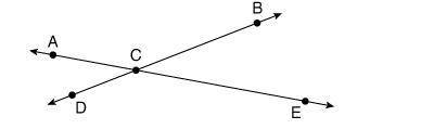 Select all that apply.
Which two rays form ∠ACB?
1. CA
2. AC
3. CB
4. CE