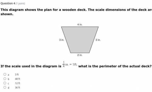 If the scale used in the diagram is 1/4in. = 1ft what is the perimeter of the actual deck?

See ph