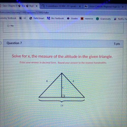 Need help asap! solve for x, the measure of the altitude in the given triangle