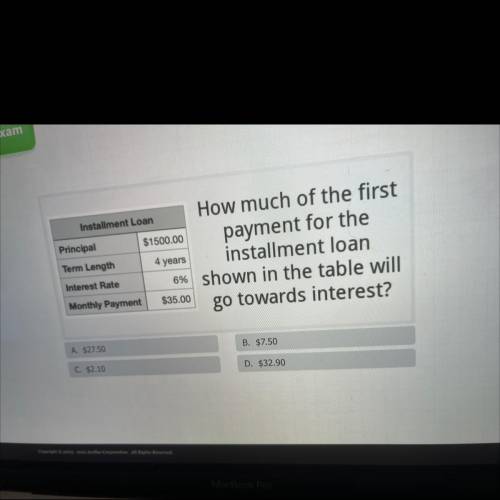 Installment Loan

Principal
$1500.00
Term Length
4 years
How much of the first
payment for the
ins