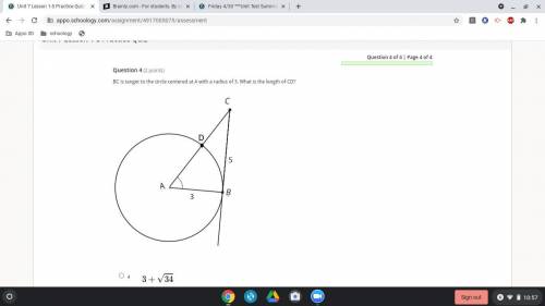 BC is tanget to the circle centered at A with a radius of 3. What is the length of CD?

a
\large 3