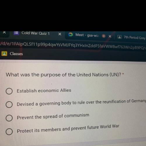 What was the purpose of the United Nations (UN)?

O Establish economic Allies
O Devised a governin