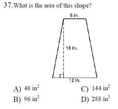 Find the area: 
(A) 48
(B) 96
(C) 144
(D) 288