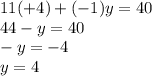11( + 4) + ( - 1)y = 40 \\ 44  - y = 40 \\  - y =  - 4 \\ y = 4