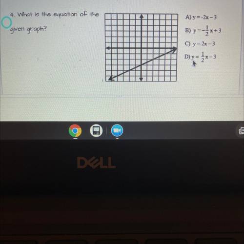 What is the equation of the given graph

A) y=-2x - 3
given graph?
B) y=-3x+3
C) y=2x-3
D)y= {x-3