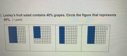 1)Lesley's fruit salad contains 40% grapes. Circle the figure that represents 40%.