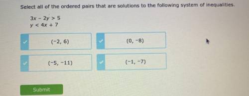 Select all the ordered pairs that are solutions to the following system of inequalities.

3x - 2y