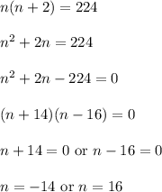 n(n+2)=224\\\\n^2+2n=224\\\\n^2+2n-224=0\\\\(n+14)(n-16)=0\\\\n+14=0 \text{ or } n-16=0\\\\n=-14 \text{ or }n=16