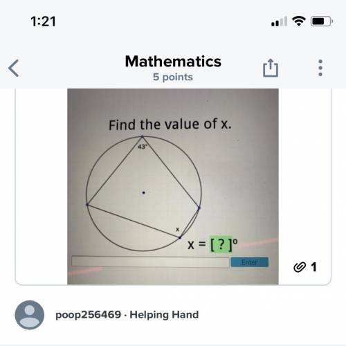 Find the value of x. 43 degrees