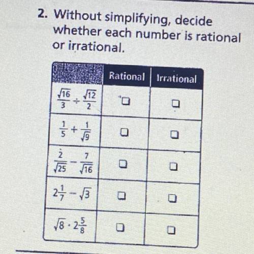 Without simplifying, decide

whether each number is rational
or irrational
Rational Irrational