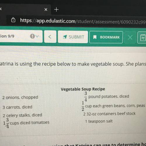 Katrina is using the recipe below to make vegetable soup. She plans to make 8 batches of the soup.