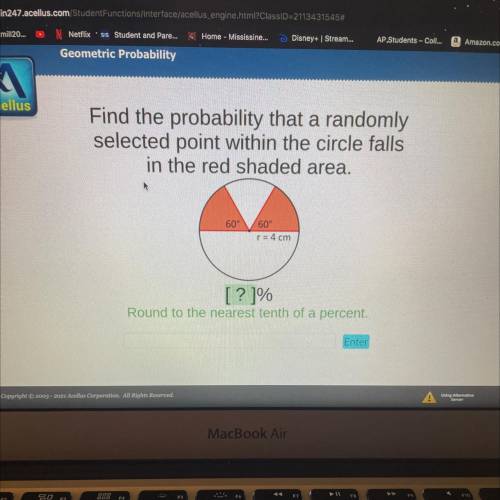 Ellus

Find the probability that a randomly
selected point within the circle falls
in the red shad