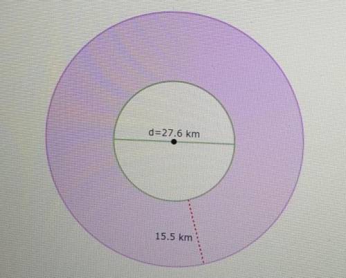 Both circles have the same center. What is the area of the shaded region? 27.6 km 15.5 km Use 3.14