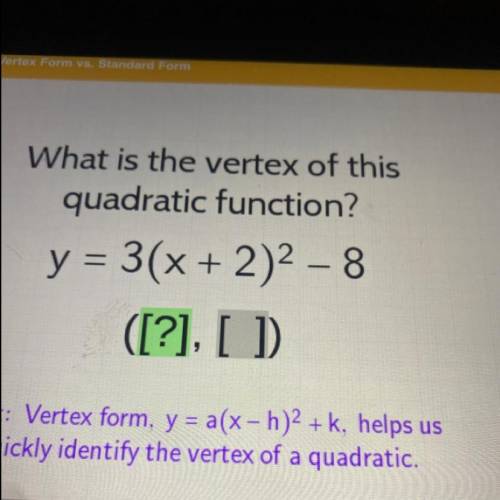 What is the vertex of this
quadratic function?
y = 3(x + 2)2 - 8