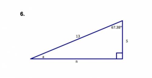 For each right triangle below, find the missing side (Pythagorean’s Theorem) and the missing angle