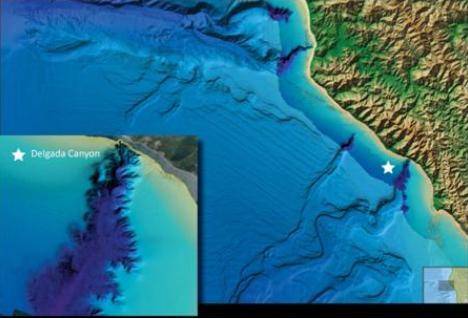 The image below shows the aerial view of an ocean floor and dry land.

The blue area is the ocean