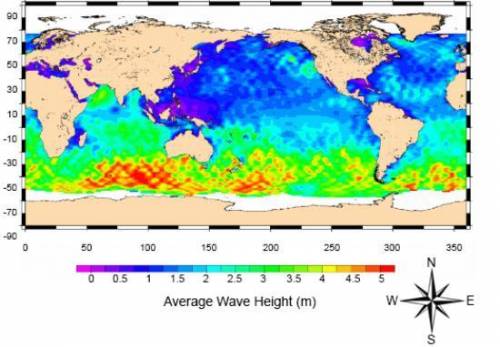 The following map shows the average height of ocean waves over a ten-day period. The purple and blu