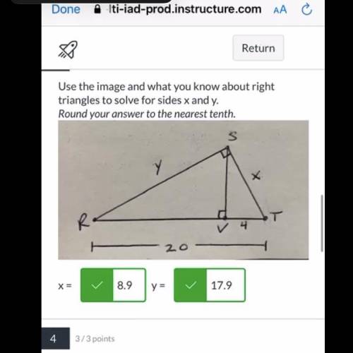 Use the image and what you know about right

triangles to solve for sides x and y.
Round your answ