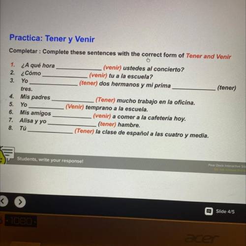 Practica: Tener y Venir

Completar: Complete these sentences with the correct form of Tener and Ve