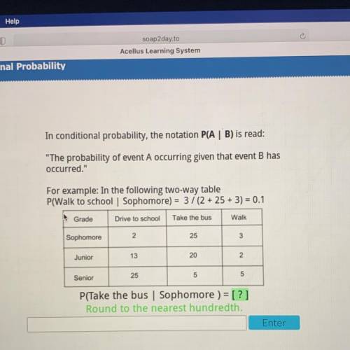 In conditional probability, the notation P(

AB) is read:
The probability of event A occurring gi
