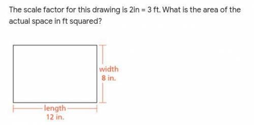 The scale factor for this drawing is 2in = 3 ft. What is the area of the actual space in ft squared