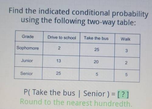 Find the indicated conditional probability using the following two-way table: Grade Drive to school