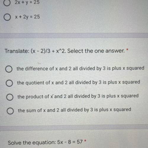 Translate: (x - 2)/3 + x^2. Select the one answer.