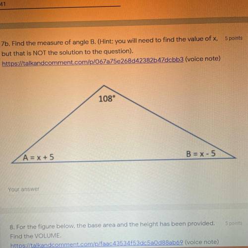 Find the measure of angle B. (Hint: You will need to find the value of x, but that is NOT the solut