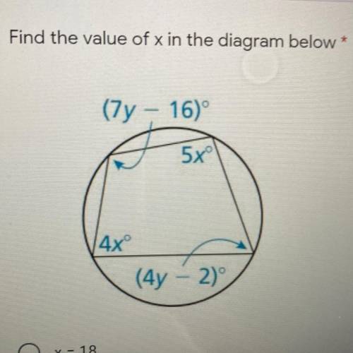 Find the value of x in the diagram below *
(7y - 16)
a
5x
4x
(4y - 2)