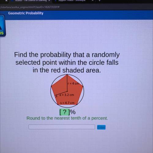 Find the probability that a randomly

selected point within the circle falls
in the red shaded are