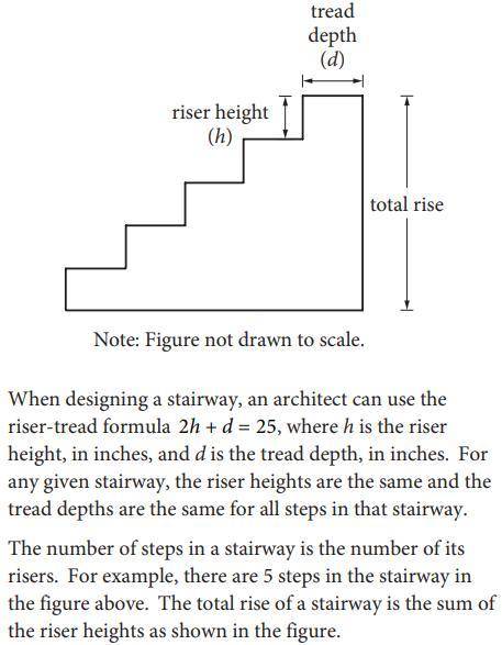 An architect wants to use the riser-tread formula to design a stairway with a total rise of 9 feet,