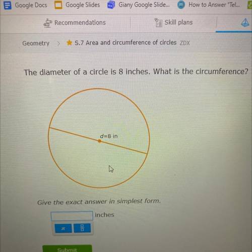 The diameter of a circle is 8 inches what is the circumference