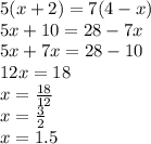 5(x + 2) = 7(4 - x) \\ 5x + 10 = 28 - 7x \\ 5x + 7x = 28 - 10 \\ 12x = 18 \\ x =  \frac{18}{12}  \\ x =  \frac{3}{2}  \\ x = 1.5