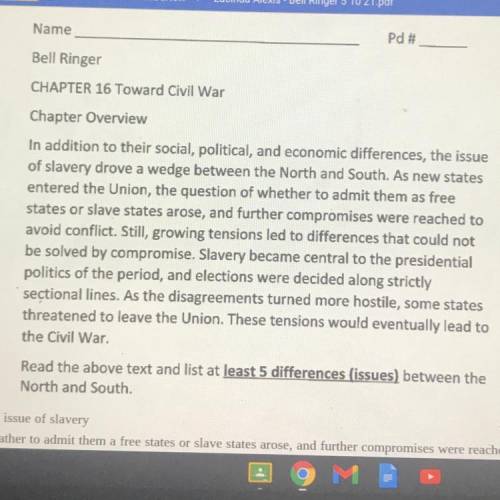 Bell Ringer

CHAPTER 16 Toward Civil War
Chapter Overview
In addition to their social, political,