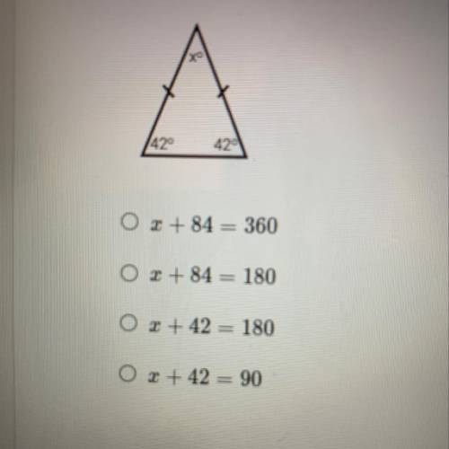 Which of the following equations can be used to find the missing angle, x, in the triangle below?