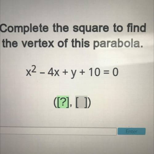 Complete the square to find
the vertex of this parabola.
x2 - 4x + y + 10 = 0
