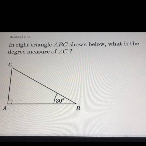 In right teanglie ABC shown below what is the degree measure of \_ C!! 
please help me