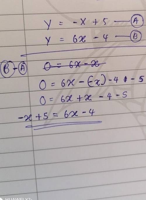 NEED HELP PLZ

Consider the following set of equations:
Equation A: y = -x + 5
Equation B: y = 6x −