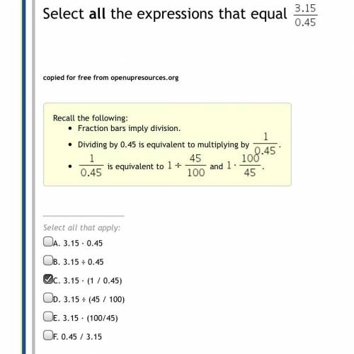 Select all the expressions that equal 3.15 over 0.45