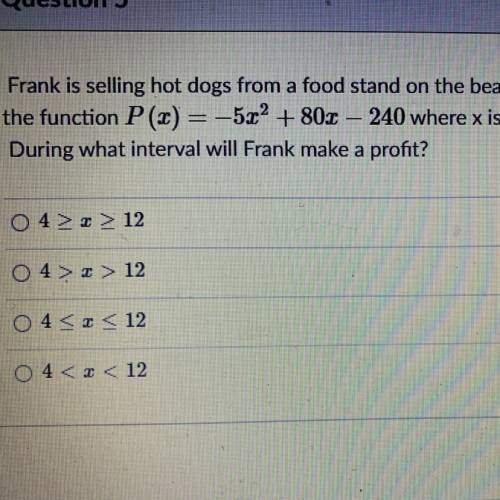 Frank is selling hot dogs from a food stand on the beach. Frank's profit is modeled by

the functi