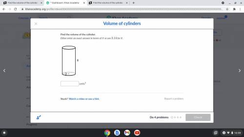 Find the volume of the cylinder.

Either enter an exact answer in terms of \piπpi or use 3.143.143