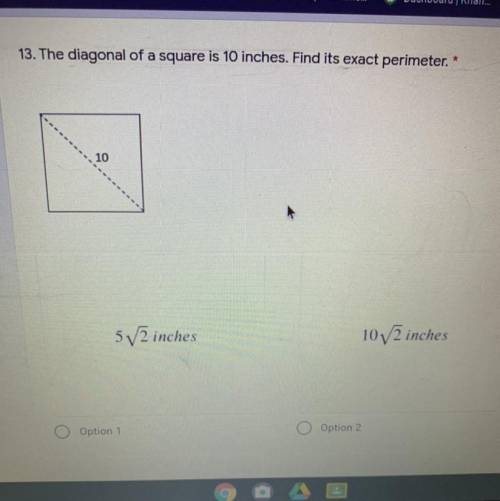 The diagonal of a square is 10 inches. Find its exact perimeter.