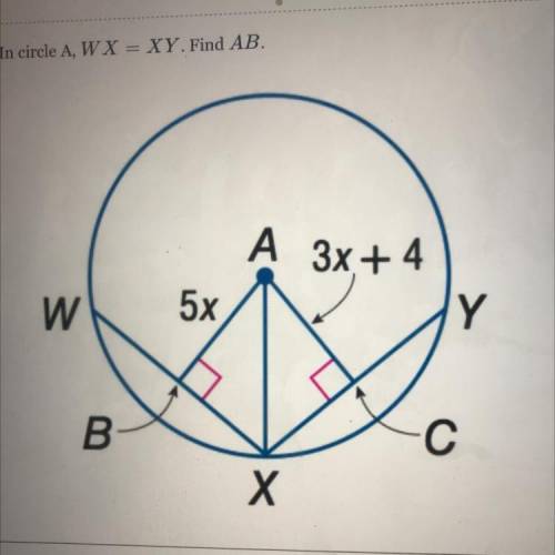 In circle A, W X = XY. Find AB.
PLEASEEEEEWE HELPPPPPOOPOP