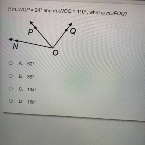 If mZNOP = 24° and mZNOQ = 110°, what is mZPOQ?